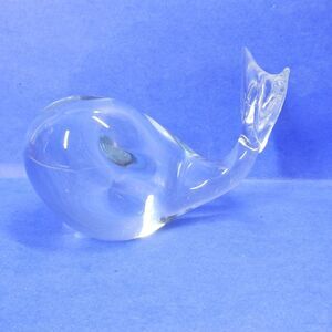 Whale Paperweight Crystal Clear Art Glass Vintage MCM Solid